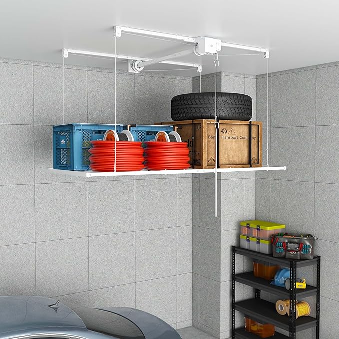 4x4 Garage Ceiling Storage Racks With Crank Lift, Garage Overhead Storage Racks For High Ceilings 10–12 Ft, 250 Lbs Load Capacity, All-Steel Frame, Garage Organization System (6 x 3)
