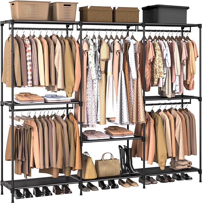 Clothes Rack, Portable Closet, 80.7 Inch Extra Large Capacity Wardrobe Closet, Clothes Storage Organizer with Shelves and 5 Hanging Rods, Easy to Assembly, Black PCT036B01