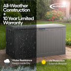 Suncast 134-Gal. Resin Extra-Large Outdoor Patio Deck Box with Pad-Lockable Lid, Modern Outdoor Patio Bench/Storage Box for Cushions, Garden Tools, and More, Dove Gray