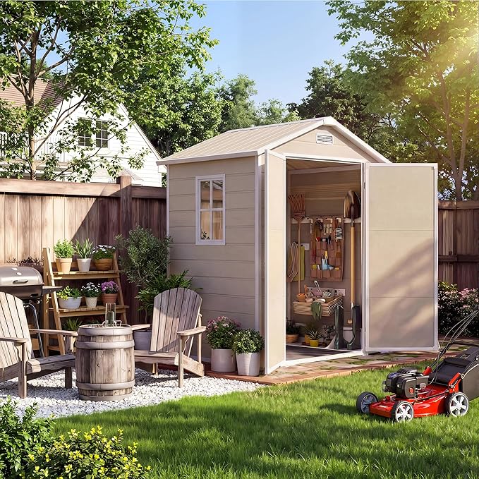 6x4 FT Outdoor Storage Shed with Floor, Plastic Resin Garden Shed with Window & Sloping Roof & Lockable Door for Patio Backyard Garden, Lawn Mower, Bike, Tool Storage