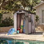 Outdoor Storage Shed with Floor, Plastic Resin Garden Shed with Window & Sloping Roof & Lockable Door for Patio Backyard Garden, Lawn Mower, Bike, Tool Storage (Grayish White + Black, 4' x 6')