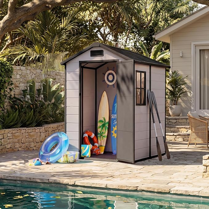 Outdoor Storage Shed with Floor, Plastic Resin Garden Shed with Window & Sloping Roof & Lockable Door for Patio Backyard Garden, Lawn Mower, Bike, Tool Storage (Grayish White + Black, 4' x 6')
