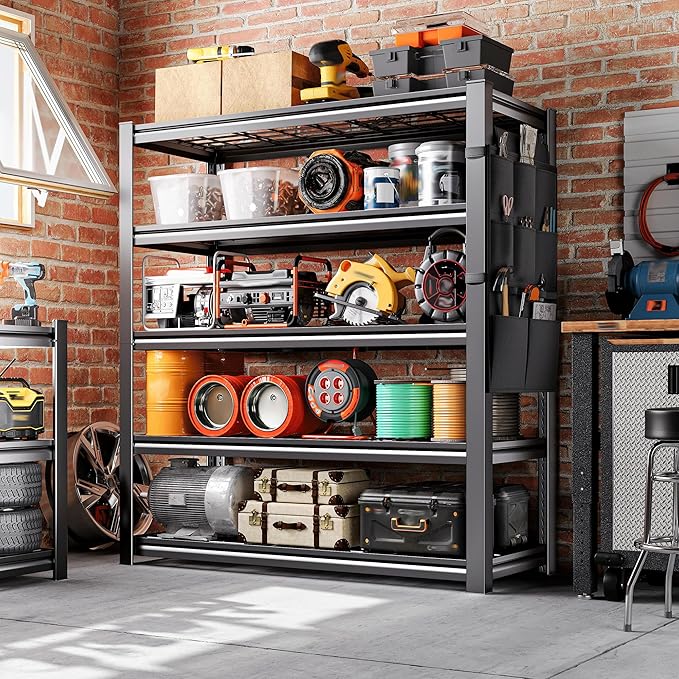 REIBII 5-Tier Storage Shelves,38.2" W Heavy Duty Garage Shelving Load 2500LBS,Metal Shelving Units with Tool Storage Bag, Adjustable Wire Shelving Industrial for Basement,66" H x16 D,Black