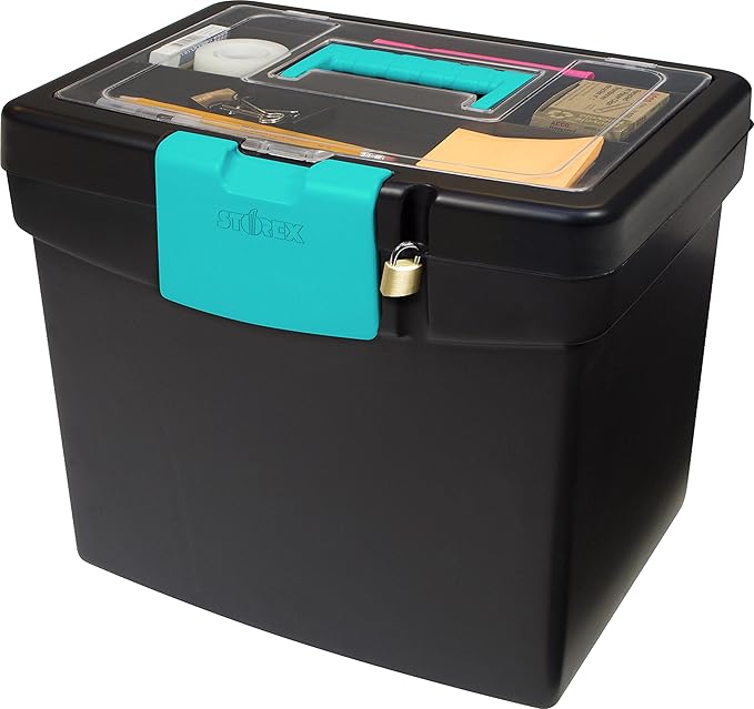 Storex Portable File Box, with Lockable XL Supply Storage Lid and Carry Handle, Black/Teal, 10.9 x 11 x 13.25 Inches, 2-Pack (61414B02C)