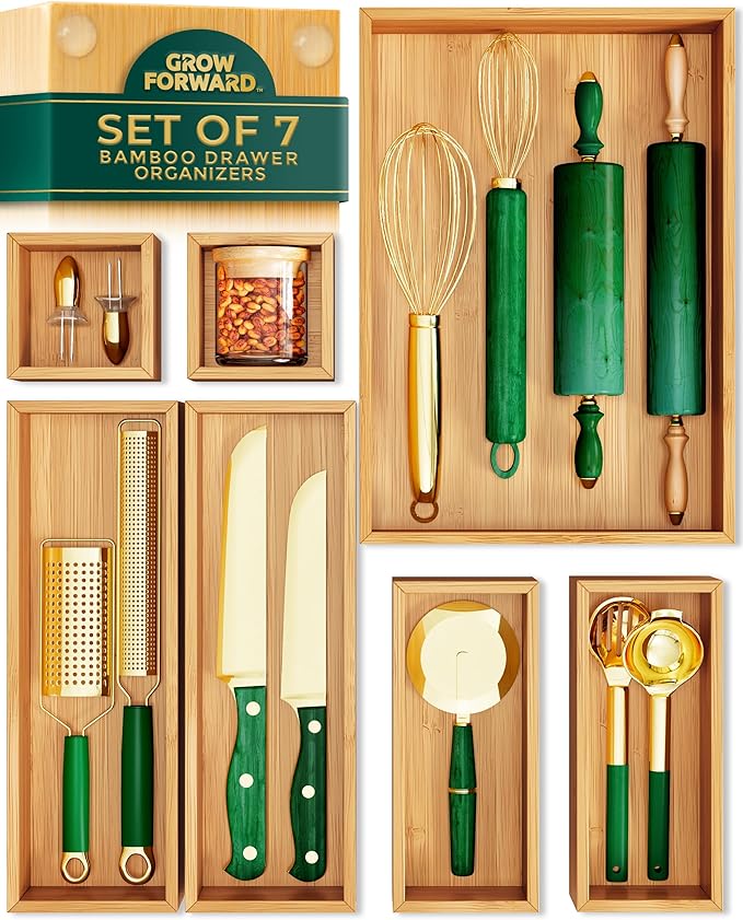 Grow Forward Bamboo Drawer Organizer Boxes - Set of 7 Wooden Drawer Organizers for Kitchen, Bathroom, Office, Desk, Vanity, Makeup - Non-Slip Junk Drawer Organizer Trays for Storage and Organization