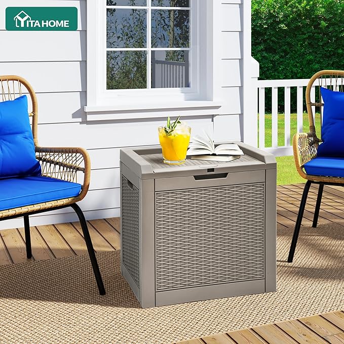 YITAHOME 32 Gallon Rattan Deck Box, Indoor Outdoor Storage Box for Patio Furniture, Pool Accessories, Cushions, Garden Tools, Sports Equipment, Waterproof Resin with Lockable Lid & Side Handles,Brown