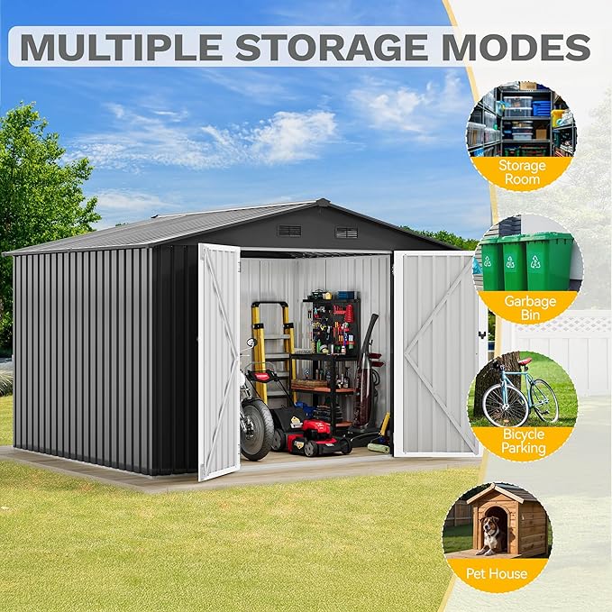 DWVO 10x8FT Outdoor Storage Shed, Spacious Metal Tool Shed with Lockable Doors & Ventilation for Patio, Lawn, and Backyard, Ideal for Storing Garden Equipment, Lawnmowers, and Bicycles, Dark Gray