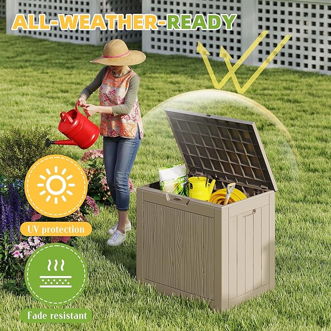 Vixzen 30 Gallon Waterproof Resin Deck Box, UV Resistant Outdoor Storage for Garden, Patio, Porch, Delivery, （Grey，30 Gallon）