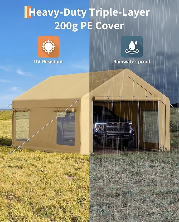 Garvee 12x20 ft Portable Garage, Car Port with 200 g PE Tarp Canopy, with 2 Roll-Up Doors and 4 Windows, for Temporary Paint Booth, Boats&Pickups Shed, and Event Shelter, Khaki
