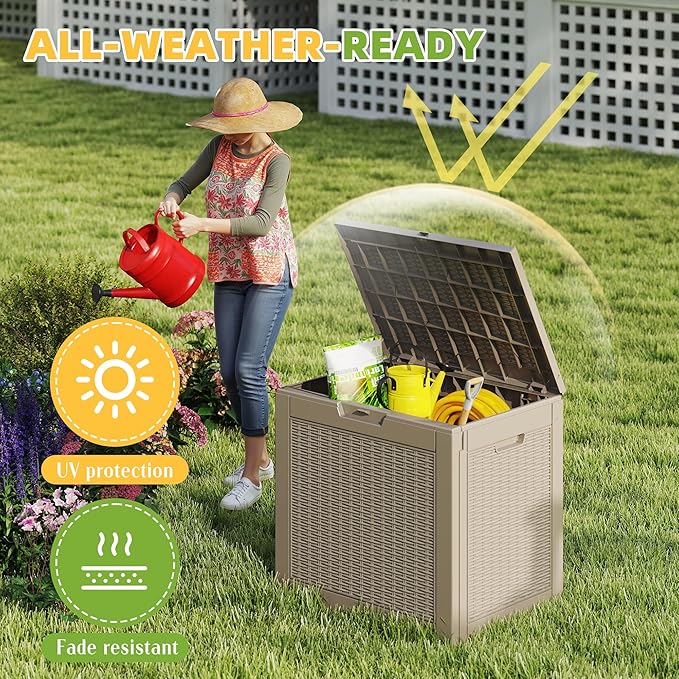 Vixzen 31 Gallon Waterproof Resin Deck Box, UV Resistant Outdoor Storage for Garden, Patio, Porch, Delivery,Rattan （Grey，31 Gallon）