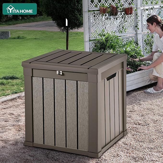 YITAHOME Deck Box, 51 Gallon Weatherproof Outdoor Storage Container for Patio Cushions, Pool Supplies, Garden Tools, Lockable Lid and Side Handles, Light Brown