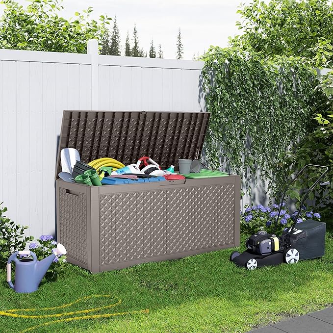 110 Gallon Outdoor Storage Box,Large Waterproof Resin Deck Box,Lockable Storage Container with Reinforced Support for Patio Cushions,Garden Tools,UV-Resistant(Grey,110Gallon)