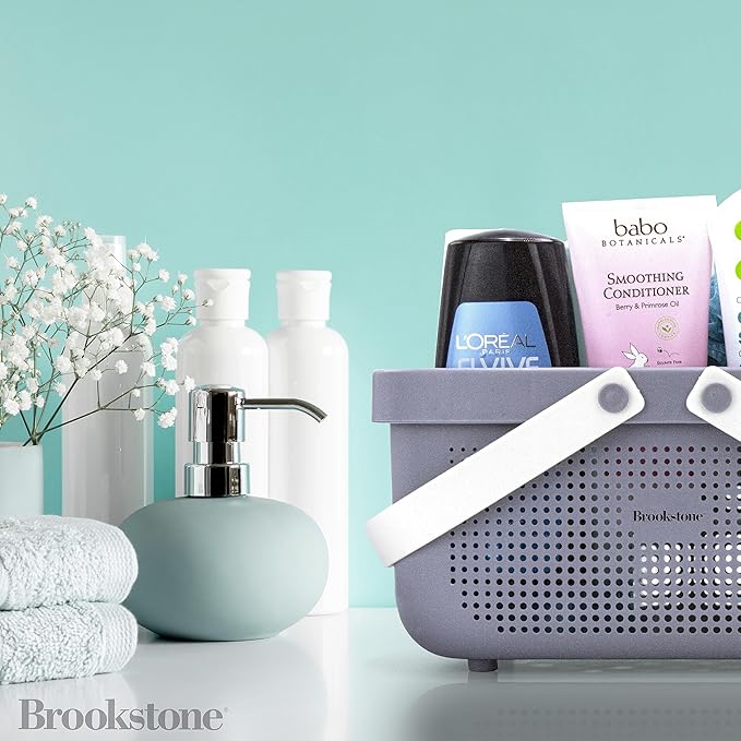 Brookstone Modern Large Portable Shower Caddy with Soft Silicone Carrying Handle, Bathroom Organizer Basket, Plastic Bath Tote and Shower Organizer, Quick Dry Drainage Holes, BPA Free, Grey