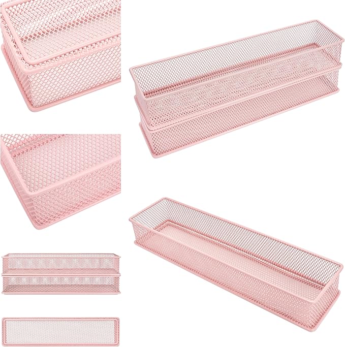 Annova Mesh Stackable Drawer Cabinet and Shelf Organizer Bins Storage Basket School Office Supply Holder Tray- Set of 2 (Light Pink, 3x12x2 Inch)
