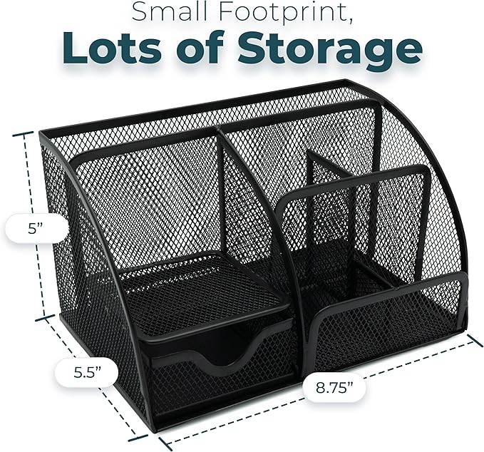 Greenco Black Mesh Desk Organizer, 6 Compartments, Office & Dorm Room Supplies Caddy, Steel Wire, 2 Count