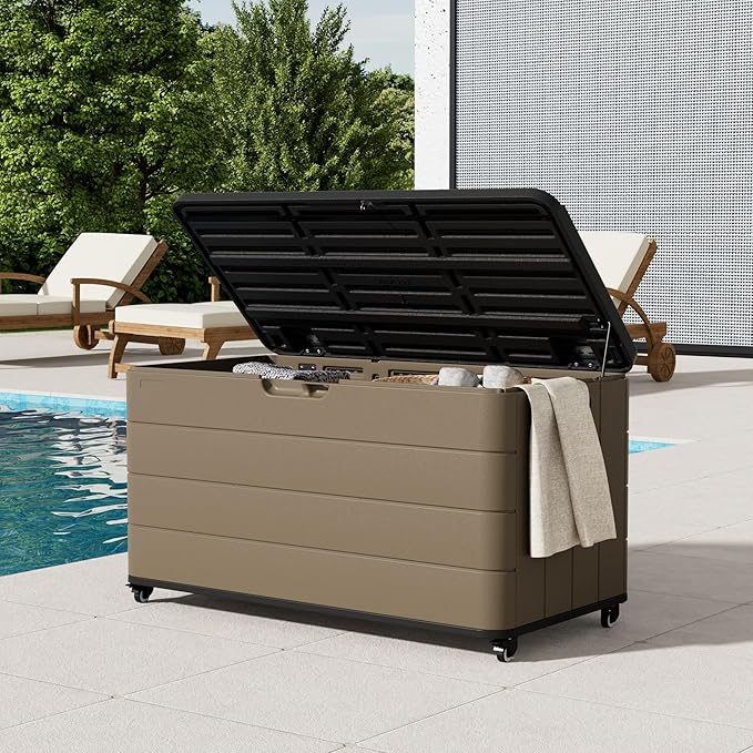110 Gallon Deck Box Waterproof with Wheels - Mobile Double-Wall Resin Outdoor Storage Box for Patio, Pool, & Garden - Lockable Deck Storage for Cushions, Pool Floats, Boat Slip (Brown)