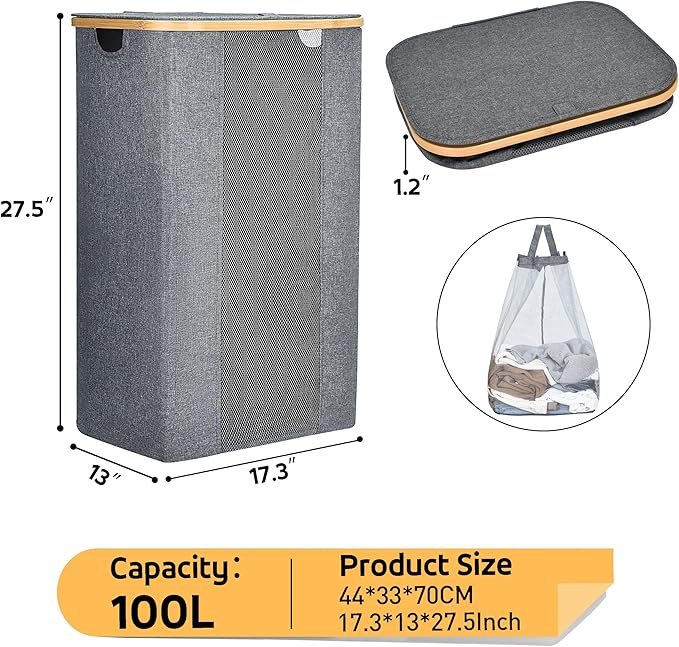 ELONG HOME Laundry Basket, 100L Grey Collapsible Laundry Baskets with Removable Liner and Bamboo Handle, Laundry Basket with Lid for Bathroom, Bedroom & Laundry Room