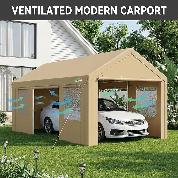 COBIZI 12x20 FT Heavy Duty Carport with Galvanized Frame, Carport Canopy with Roll-up Windows, Storage Tent with Removable Sidewalls & Doors, Built-in Sandbags for Car Boat Truck, Khaki