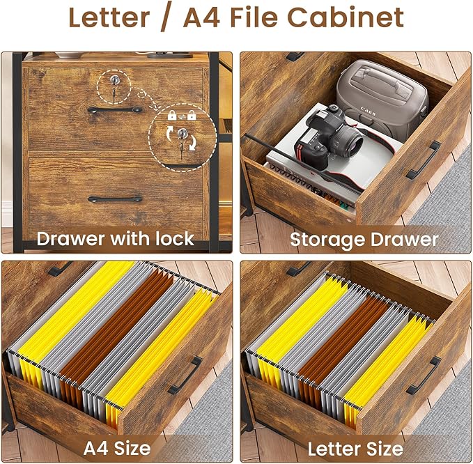 SEDETA 35.4” File Cabinet, Filing Cabinet fits Letter/A4 Size, 2 Drawe File Cabinets for Home Office with Power Strip, LED Lights, Lock, Open Shelf, Rustic Brown