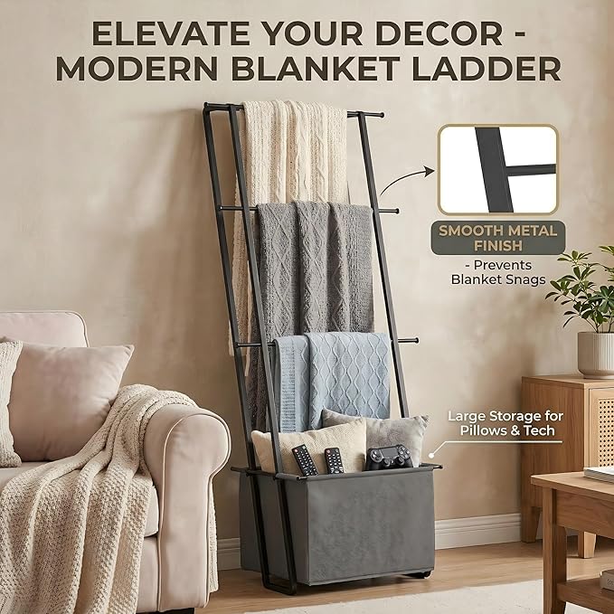 2-in-1 Leaning Blanket Ladder with Storage Basket, Matte Black Metal Towel Rack Stand, Drill-Free Space Saving Organizer for Bathroom & Bedroom Throws, 63"