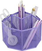 Annova Mesh Desk Organizer Rotate with 5 Compartments Spinning Tidy Candy/Pen Holder Office, Art Supply, Storage, Classroom, Home (Purple)