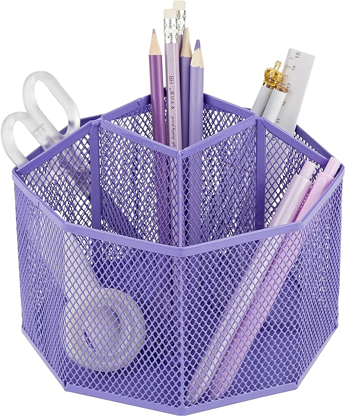 Annova Mesh Desk Organizer Rotate with 5 Compartments Spinning Tidy Candy/Pen Holder Office, Art Supply, Storage, Classroom, Home (Purple)