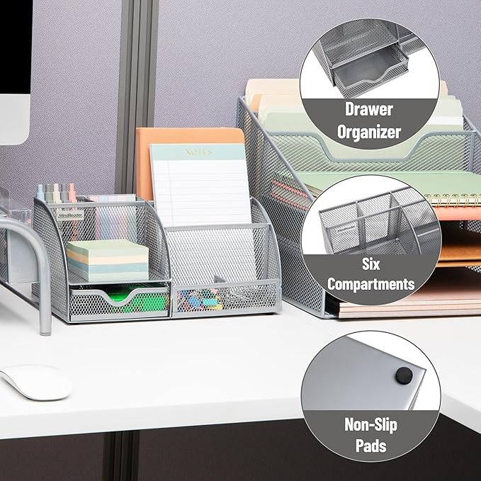 Mind Reader 7-Compartment Desktop Organizer, File & Accessory Storage, Metal Mesh Office Organizer for Desk, Workspace, Mail, Silver