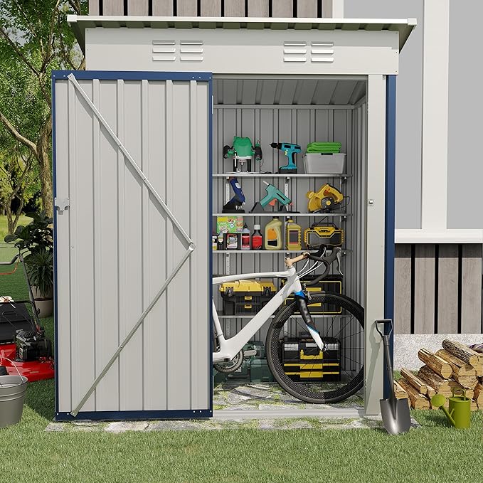 5×3FT Storage Shed，67CU.FT Tool Shed with Sloping Roof and Lockable Door, Compact Metal Tool Garden Shed for Garden, Backyard, Patio