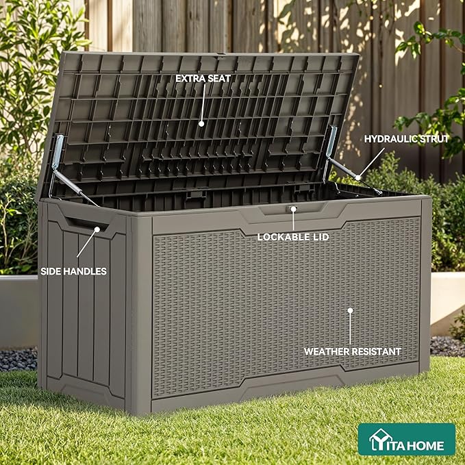 YITAHOME 80 Gallon Outdoor Storage Box, Large Water Resistant Resin Deck Box, Indoor Outdoor Lockable Rattan Storage Container for Patio, Garden, Cushions, Tools, Equipment (Taupe)