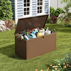 Garvee 150 gal Large Resin Deck Box, Waterproof & Weatherproof Outdoor Storage Box, Lockable Pool Storage Bin with Lid for Porch Patio Garden Backyard, Brown
