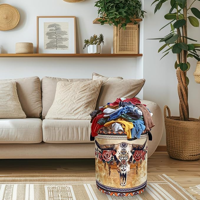 Boho Longhorn Cattle Skull Laundry Basket Oxford Cloth Tribal Laundry Hamper With Handle Foldable Portable Clothes Storage Basket Funny Laundry Bag 18.9"x16.5" For Laundry Room/Bedroom/Bathrooms