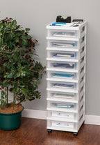 IRIS USA Plastic Drawer Storage Organizer Rolling Cart, with Wheels Casters, 10-Drawers, for Classroom Art Craft Supplies Dresser Closet Bathroom Laundry Room, White/Clear