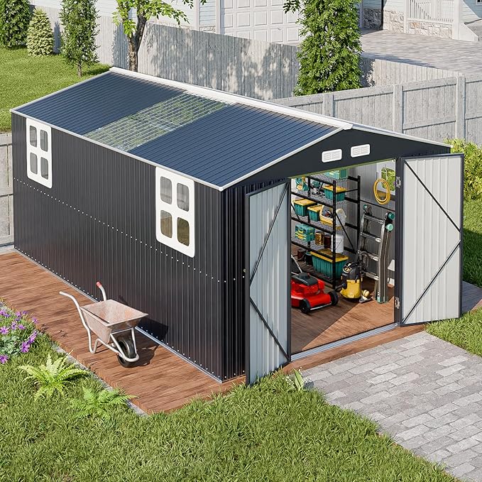 WACASA 10x16 FT Metal Shed with Base Frame Floor Kit | Heavy-Duty Military-Grade 20-Gauge Reinforced Frame with Powder Coating | 50 PSF Snow Load & 120 MPH Wind Rated | Skylight Tiny House Building