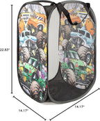 Jay Franco Monster Jam Break Out Pop Up Hamper - Mesh Laundry Basket/Bag with Durable Handles - Features Grave Digger & Megalodon