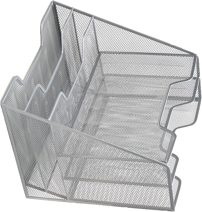 Mind Reader Metal Mesh Desktop File Organizer, 3-Tier Paper Tray with 5 Compartments, Office Mail Sorter, Silver