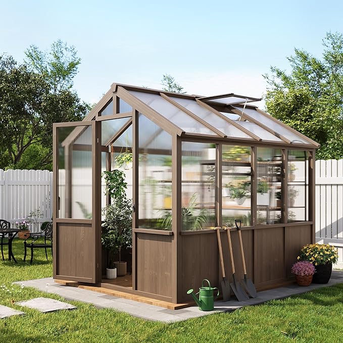 Heavy Duty Spruce Frame Wooden Greenhouse – Walk-in Outdoor Garden Outdoor Storage with Polycarbonate Panels, Adjustable Roof Vents, Lockable Door, Large Storage, Ideal for Patio, Lawn, 6x8 FT