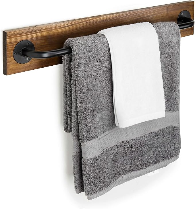 MyGift Industrial Pipe Towel Bar, 28 Inch Bathroom Wall Mounted Towel Holder with Metal Rod Rustic Burnt Wood Bathroom Sets, Farmhouse Towel Holder