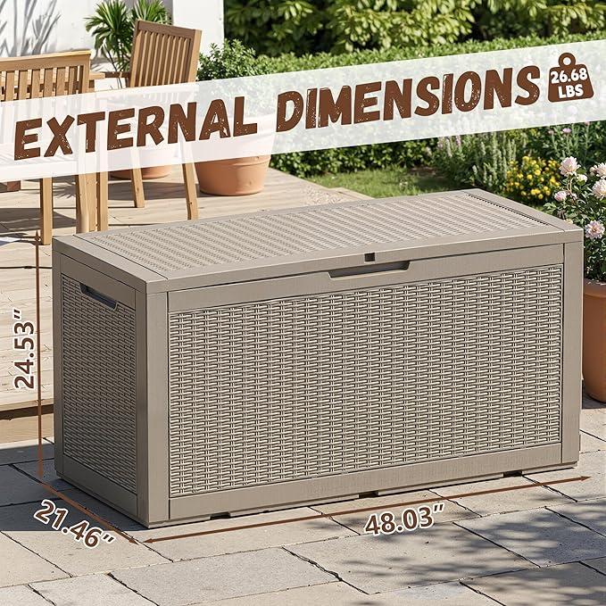 EFU Outdoor Storage Box 100 Gallon Deck Box Resin Outdoor Toy Storage With Lockable Lid, Hydraulic Struts, Rattan Style Package Delivery Boxes for Outside Patio Yard Garden (Light brown)