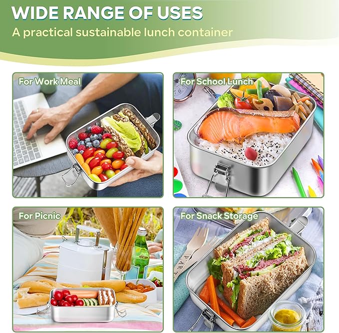 HaWare Stainless Steel Bento Box, 29oz (850ML) Lunch Box Container with Lids and 2 Removable Dividers, Metal Lunch Containers with Locking Clips, Leak-Proof Food Storage Containers for Work School