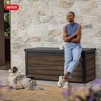 Keter Signature Collection 150 Gallon Resin Deck Box Organization and Storage for Patio Outdoor Cushions, Throw Pillows, Garden Tools and Pool Supplies, Rosewood