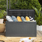 Flamaker Deck Box with Cushion 98 Gallon Waterproof Resin Storage Box with Air Rod Indoor Outdoor Lockable Storage Bench for Patio Furniture, Tools, Pool Accessories (Gray)