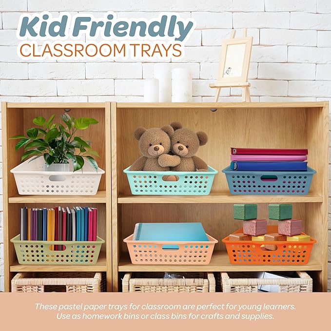 4E's Novelty 6 Pack Classroom Paper Baskets, Organizing Desk Boho Tray for A4 Papers, Classroom Storage Plastic Paper Bins, Fun Turn In Trays for Teachers and Students, Office Desk Room Trays
