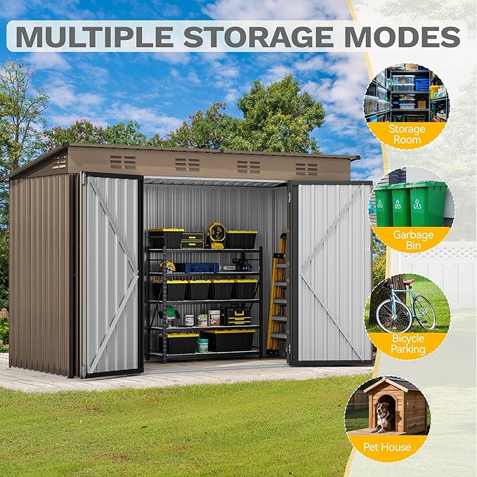 DWVO 9' x 4' Outdoor Storage Shed, Large Metal Tool Sheds, Heavy Duty Storage House with Lockable Doors & Air Vent for Backyard Patio Lawn to Store Bikes, Tools, Lawnmowers, Brown