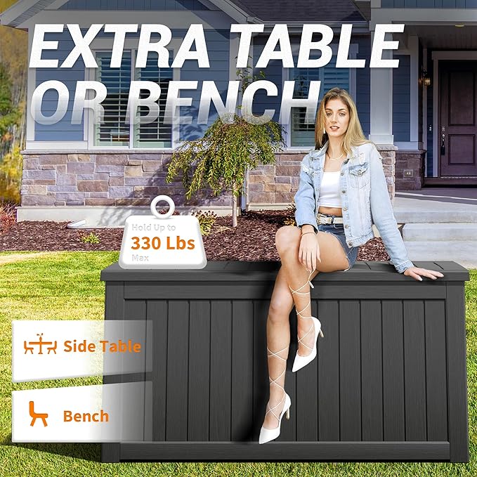 150 Gallon Outdoor Storage Box, Resin Deck Boxes Outdoor Waterproof For Patio Furniture, Garden Tools, Pool Supplies, Lockable And UV Resistant (Striped Black)
