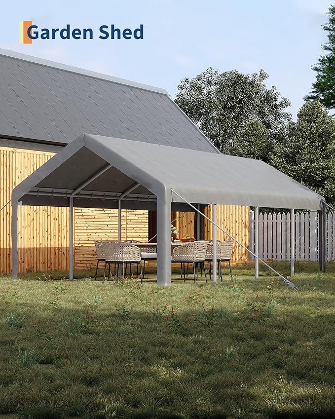 GarveeLife 13x25 ft Portable Garage, Car Port with 220 g PE Tarp Cover, with Front & Rear Roll-Up Doors and 4 Windows, for Temporary Paint Booth, Boats&Pickups Shed, and Event Shelter, Gray