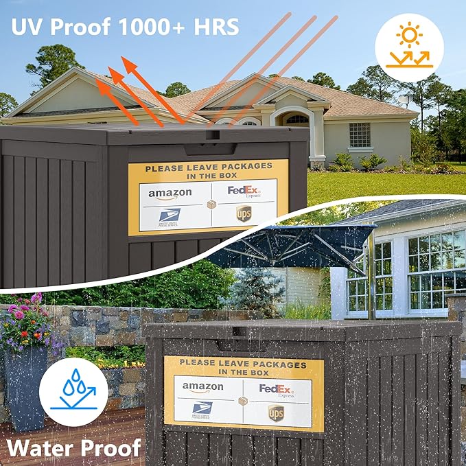Package Delivery Box for Outside with Sign, 48 Gallon Storage with Lockable Secure, Large Double Wall Resin Outdoor Package Delivery Waterproof
