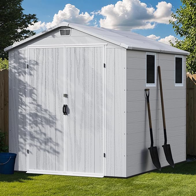 Greesum 6x8FT Plastic Outdoor Storage Shed with Floor, Resin Sheds with Lockable Double Door, Tool Sheds with Window and Vents, for Garden, Patio, Backyard, Light Gray
