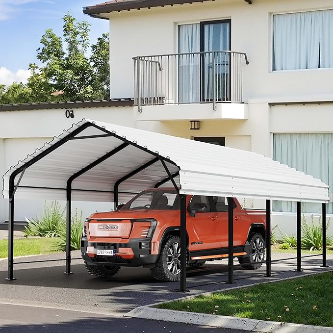 Nuturelly 12x20 FT Metal Carport, Heavy Duty Carport Canopy with Enhanced Base, Outdoor Car Shelter with Galvanized Steel Roof and Frame Garage for Truck, SUV, Boat(White)