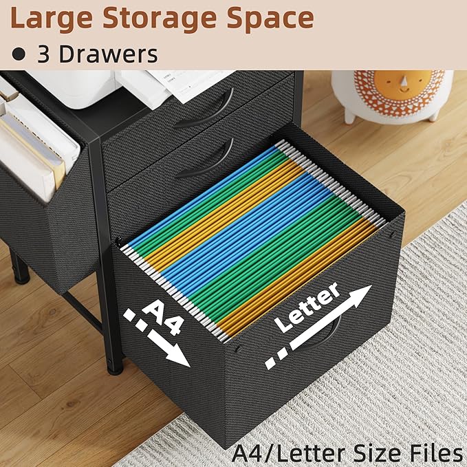 Small 3 Drawer File Cabinet with Charging Station, 45''H, 3-Tier Filing Cabinet for Home Office, 11''*16'' for Small Printer, Fabric Drawer Fits Letter/A4, Tall Printer Stand, Black