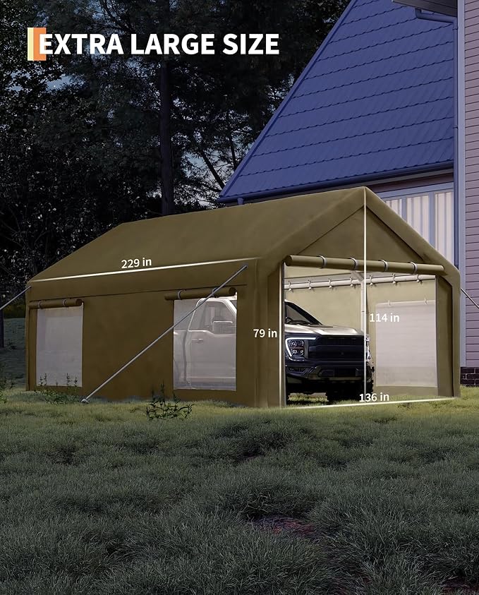 Garvee 12x20 ft Portable Garage, Car Port with 200 g PE Tarp Canopy, with 2 Roll-Up Doors and 4 Windows, for Temporary Paint Booth, Boats&Pickups Shed, and Event Shelter, Khaki